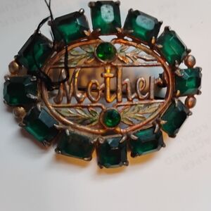 Green "Mother" Brooch with Emerald Glass Stones